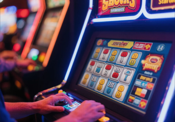 Slot machine reels spinning with bright lights