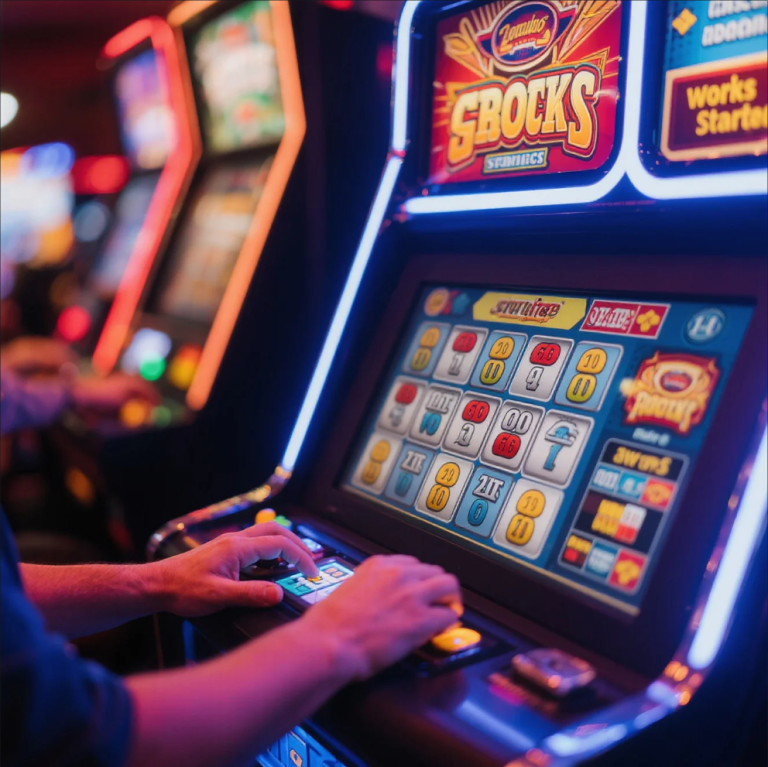 Slot machine reels spinning with bright lights