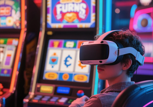 Virtual reality slot machine gameplay with futuristic design