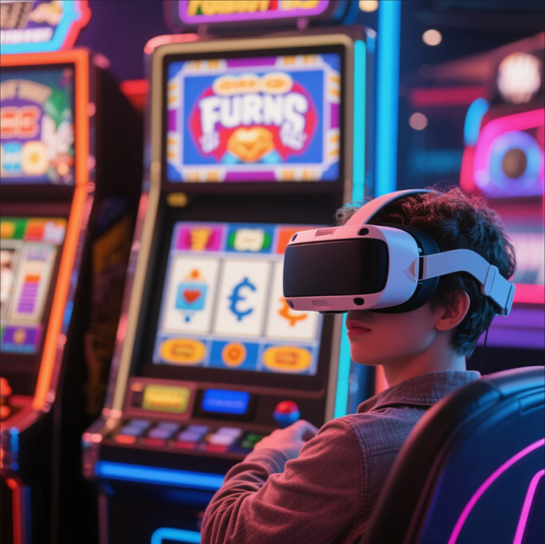 Virtual reality slot machine gameplay with futuristic design