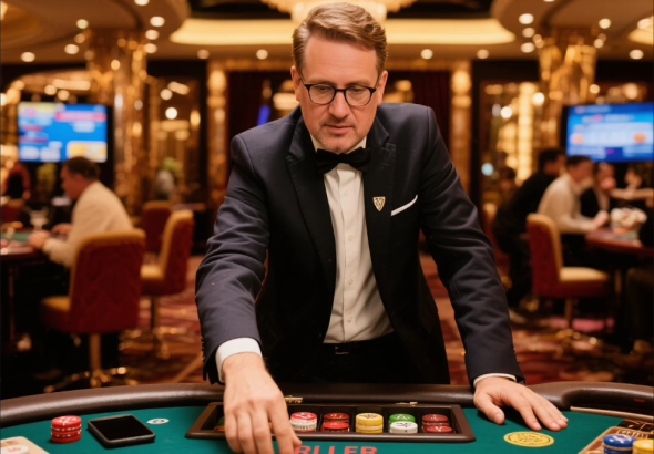 Poker table with chips and cards under dim lights