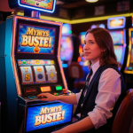 Illustration of a slot machine with myth vs. fact labels