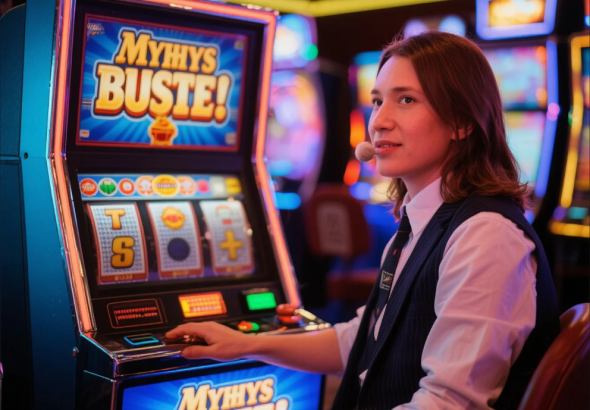 Illustration of a slot machine with myth vs. fact labels
