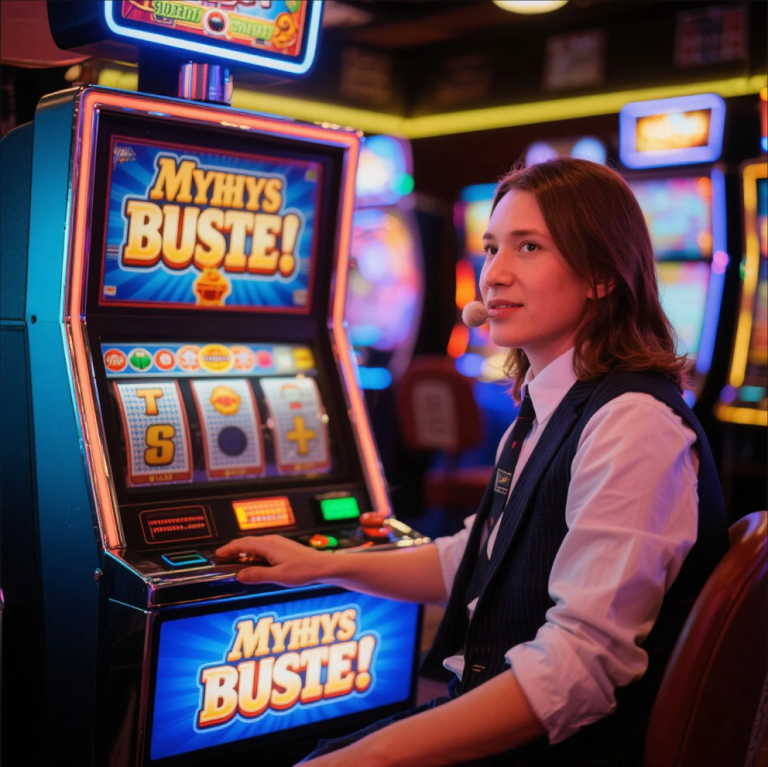 Illustration of a slot machine with myth vs. fact labels