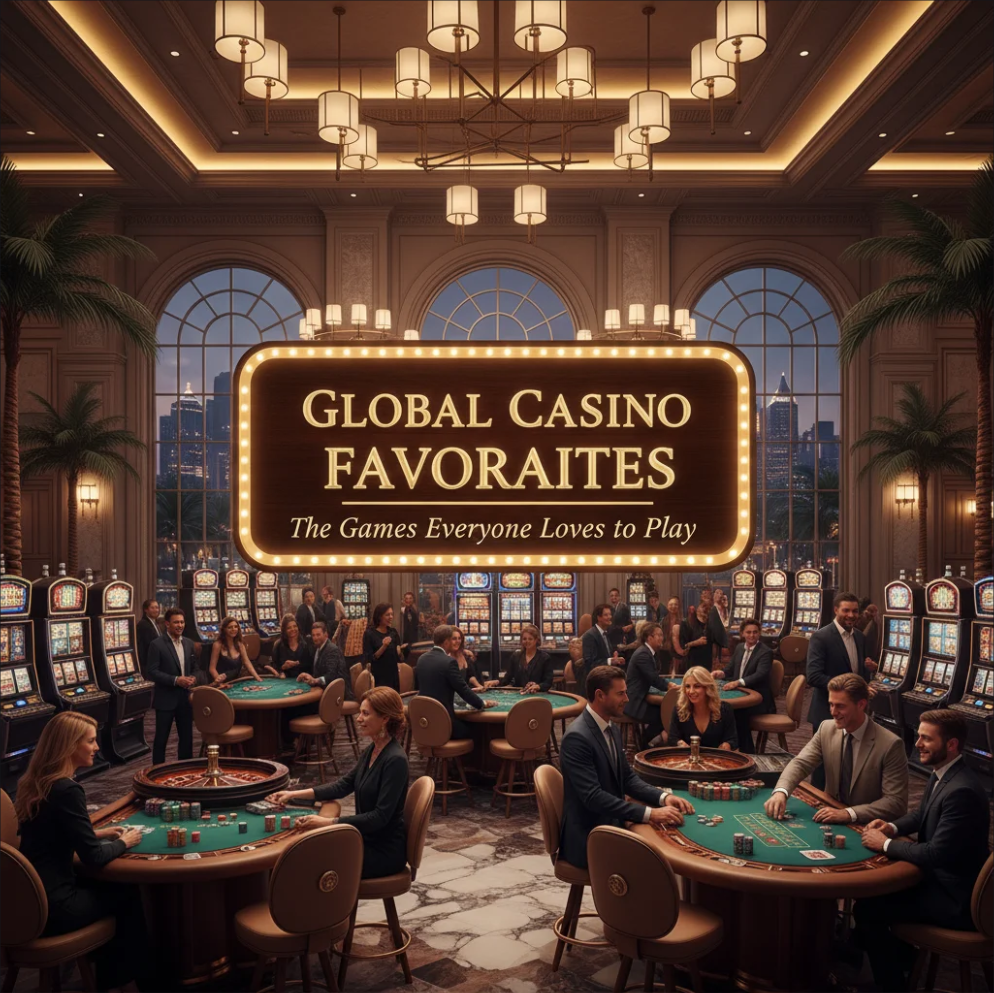 Popular casino games including slots, roulette, blackjack, and poker