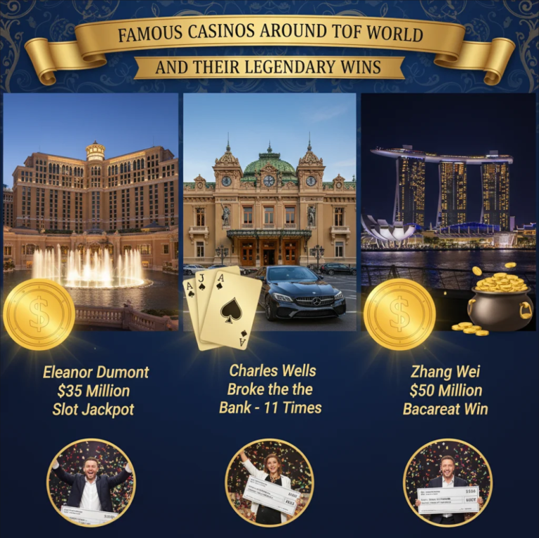 Famous casinos around the world including Bellagio, Monte Carlo, and Venetian Macao