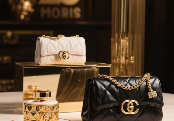 Collection of 2025 luxury items including handbags, jewelry, smartwatches, and fine wines