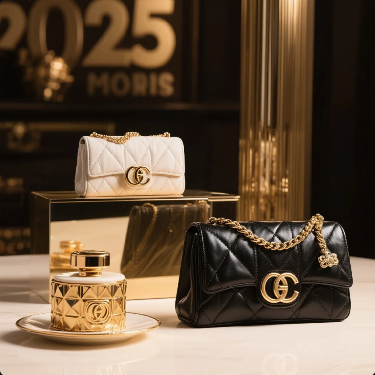 Collection of 2025 luxury items including handbags, jewelry, smartwatches, and fine wines