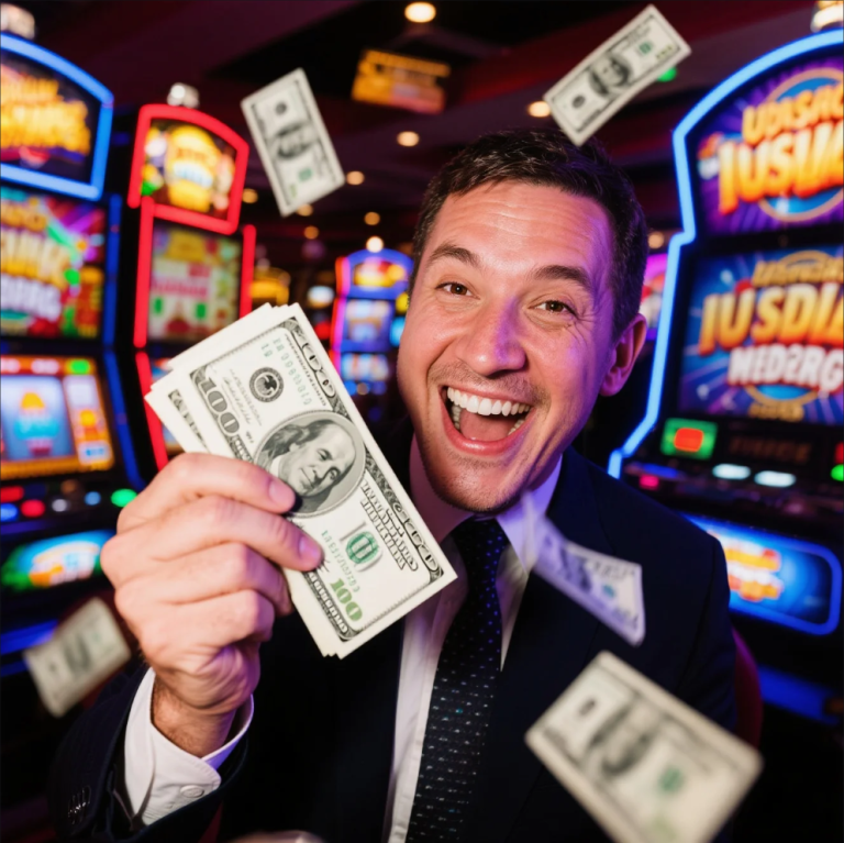 Casino slot machine with jackpot lights flashing after a big win