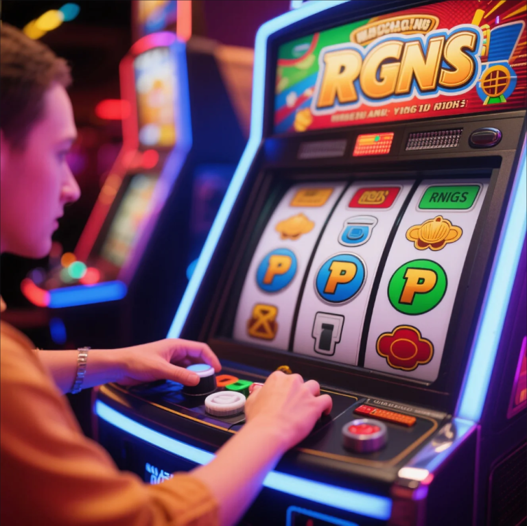 Slot reels spinning with digital RNG and payout graphics overlay