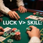 Casino table with poker chips, cards, and slot machine reels symbolizing luck and skill