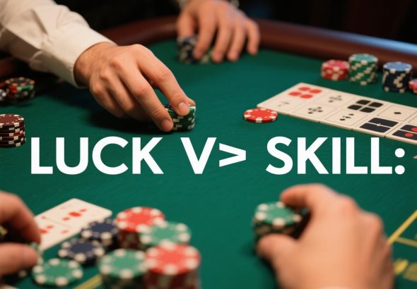 Casino table with poker chips, cards, and slot machine reels symbolizing luck and skill