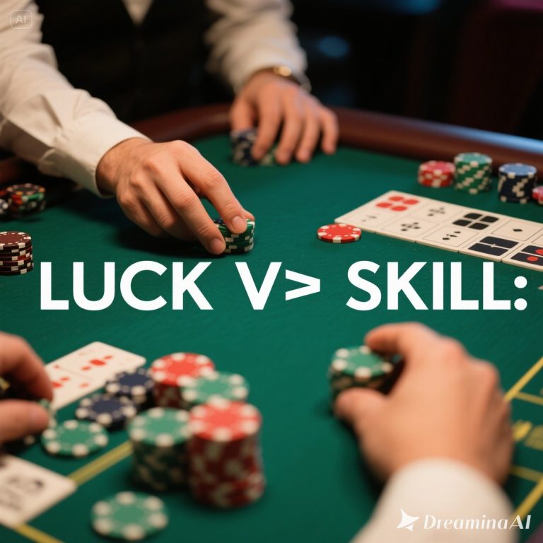 Casino table with poker chips, cards, and slot machine reels symbolizing luck and skill