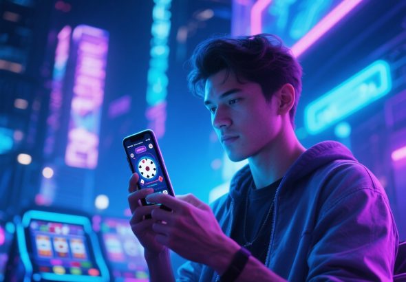 Person playing mobile casino games on a smartphone with slot reels and poker chips