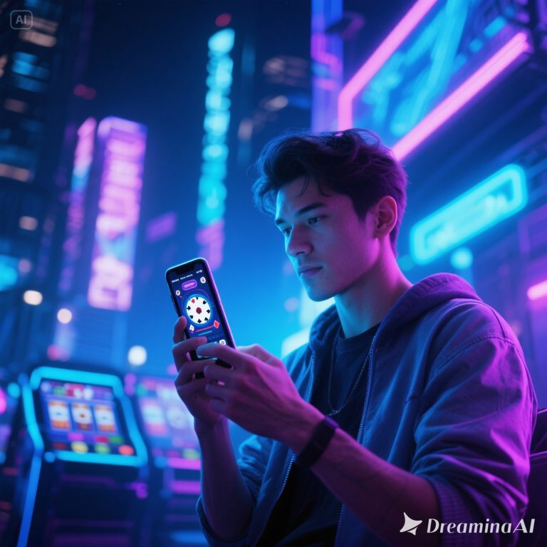Person playing mobile casino games on a smartphone with slot reels and poker chips