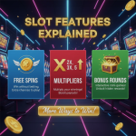 Colorful slot machine reels displaying free spins, multipliers, and bonus round icons with bright casino lights