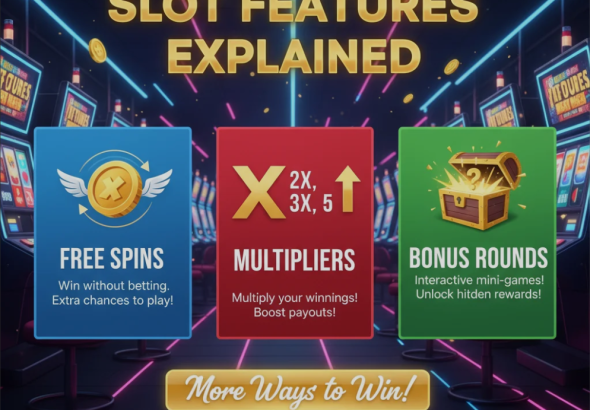 Colorful slot machine reels displaying free spins, multipliers, and bonus round icons with bright casino lights