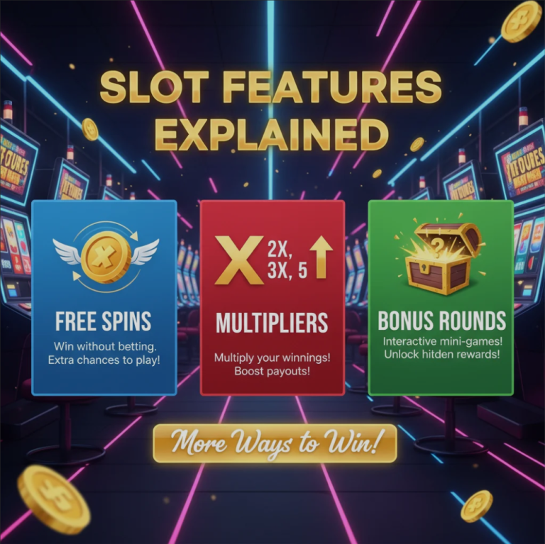 Colorful slot machine reels displaying free spins, multipliers, and bonus round icons with bright casino lights