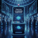 Futuristic slot machine interface with AI and blockchain elements, symbolizing the technological evolution of casino gaming.