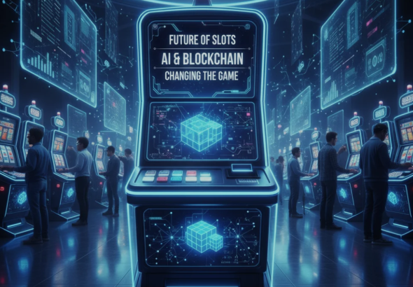 Futuristic slot machine interface with AI and blockchain elements, symbolizing the technological evolution of casino gaming.