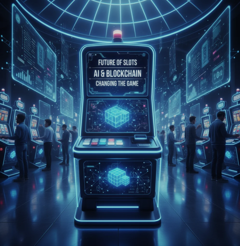 Futuristic slot machine interface with AI and blockchain elements, symbolizing the technological evolution of casino gaming.