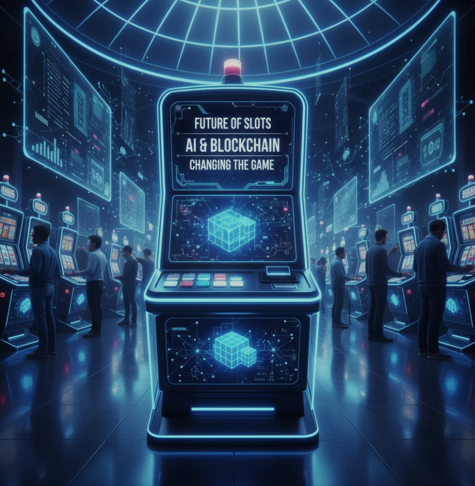 Futuristic slot machine interface with AI and blockchain elements, symbolizing the technological evolution of casino gaming.