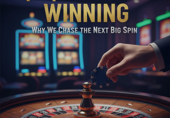 A player’s excited expression as slot reels spin, symbolizing the psychology and anticipation behind gambling and winning.