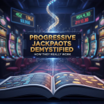 Progressive jackpot slot machine showing growing prize and bright casino lights.