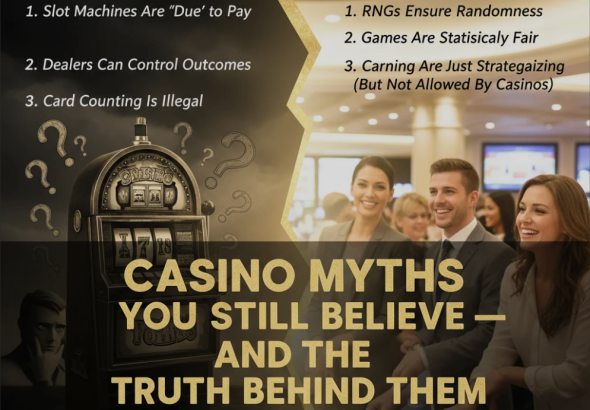 Casino dealer and players at a gaming table highlighting common casino myths and truths