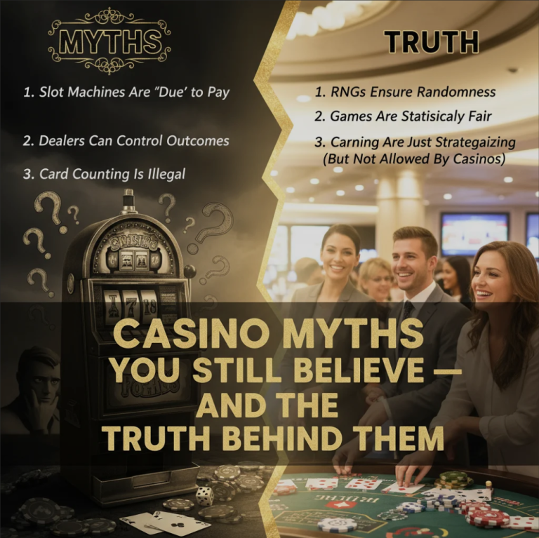 Casino dealer and players at a gaming table highlighting common casino myths and truths
