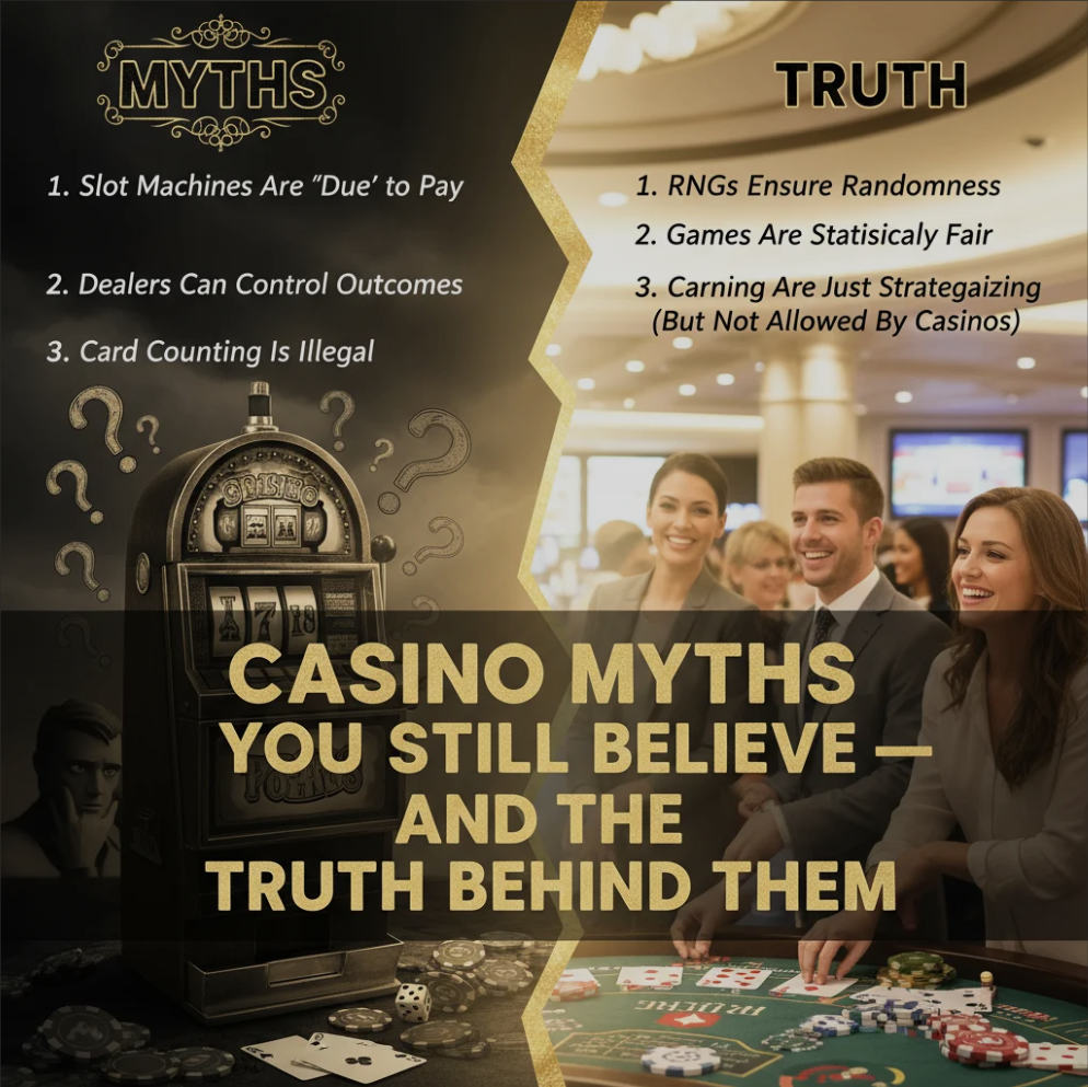 Casino dealer and players at a gaming table highlighting common casino myths and truths