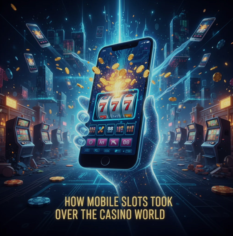 Person playing mobile slots on a smartphone with casino lights in the background