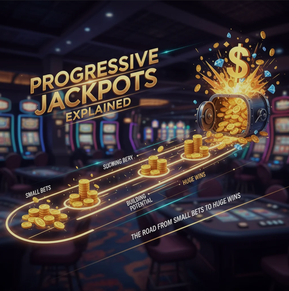 Slot machine showing a big progressive jackpot win with bright lights and coins