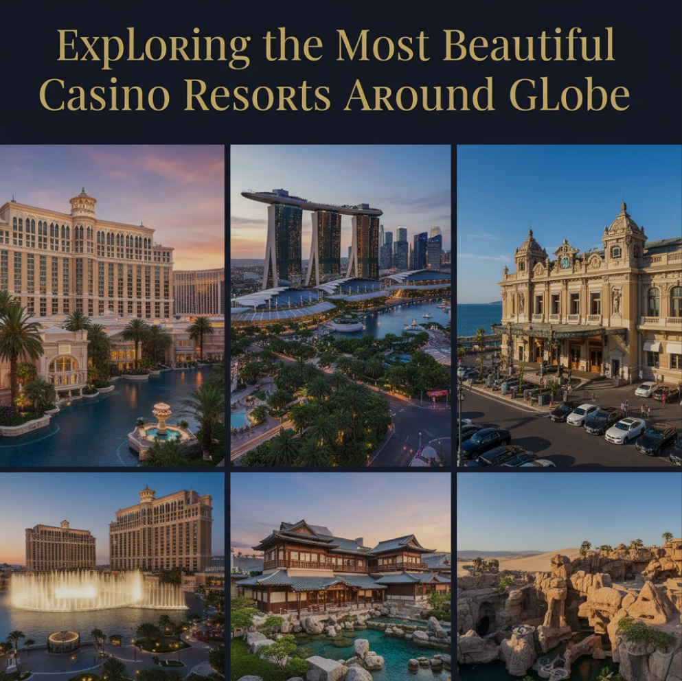 Luxury casino resort with beautiful architecture and night lights.