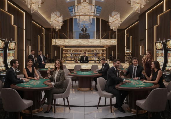 Elegant modern casino interior with chandeliers and luxury decor