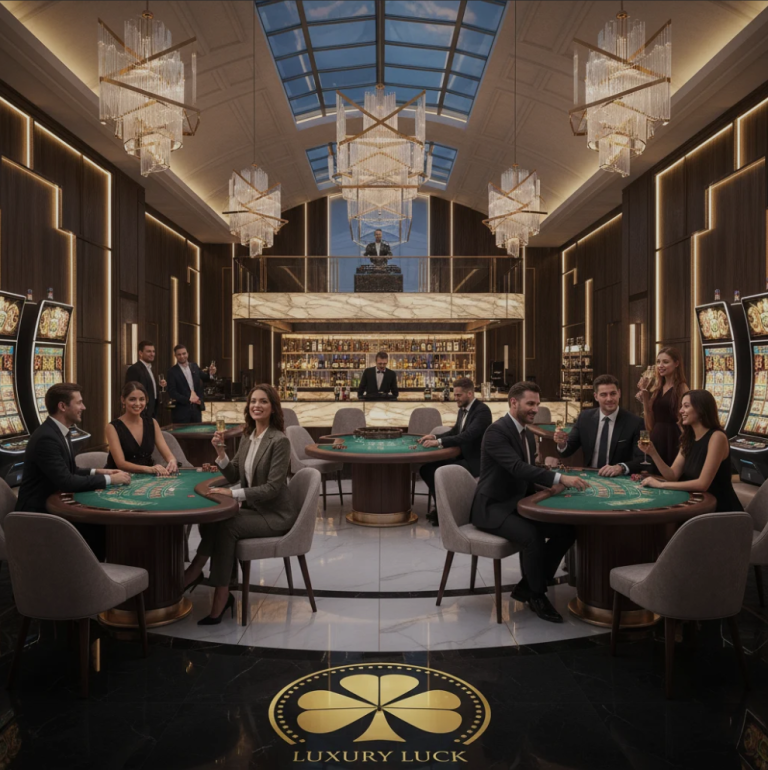 Elegant modern casino interior with chandeliers and luxury decor