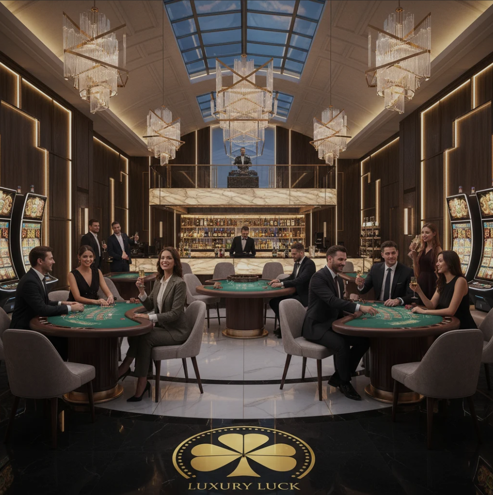 Elegant modern casino interior with chandeliers and luxury decor