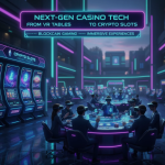Virtual reality casino table with digital slot machines and cryptocurrency icons