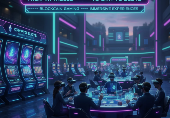 Virtual reality casino table with digital slot machines and cryptocurrency icons