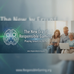 Gamer using a controller with mindful gaming icons symbolizing balance and responsibility