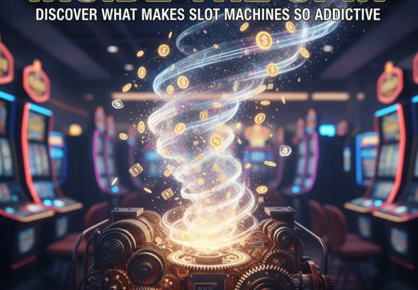 Player at a casino spinning slot machine with bright lights