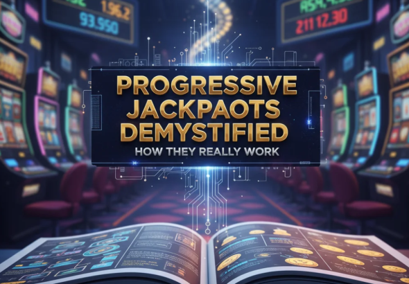 Progressive jackpot slot machine showing growing prize and bright casino lights.