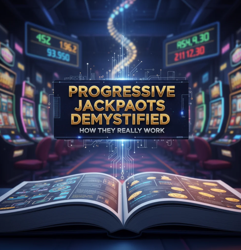 Progressive jackpot slot machine showing growing prize and bright casino lights.