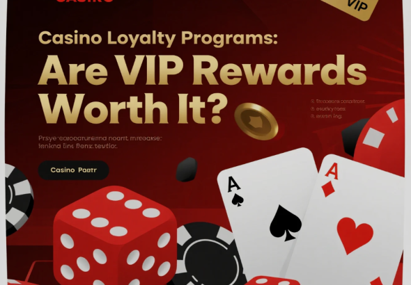 Digital graphic showing the title ‘Casino Loyalty Programs: Are VIP Rewards Worth It?’ beside a black and gold VIP card, a gold coin, and a red poker chip on a dark background