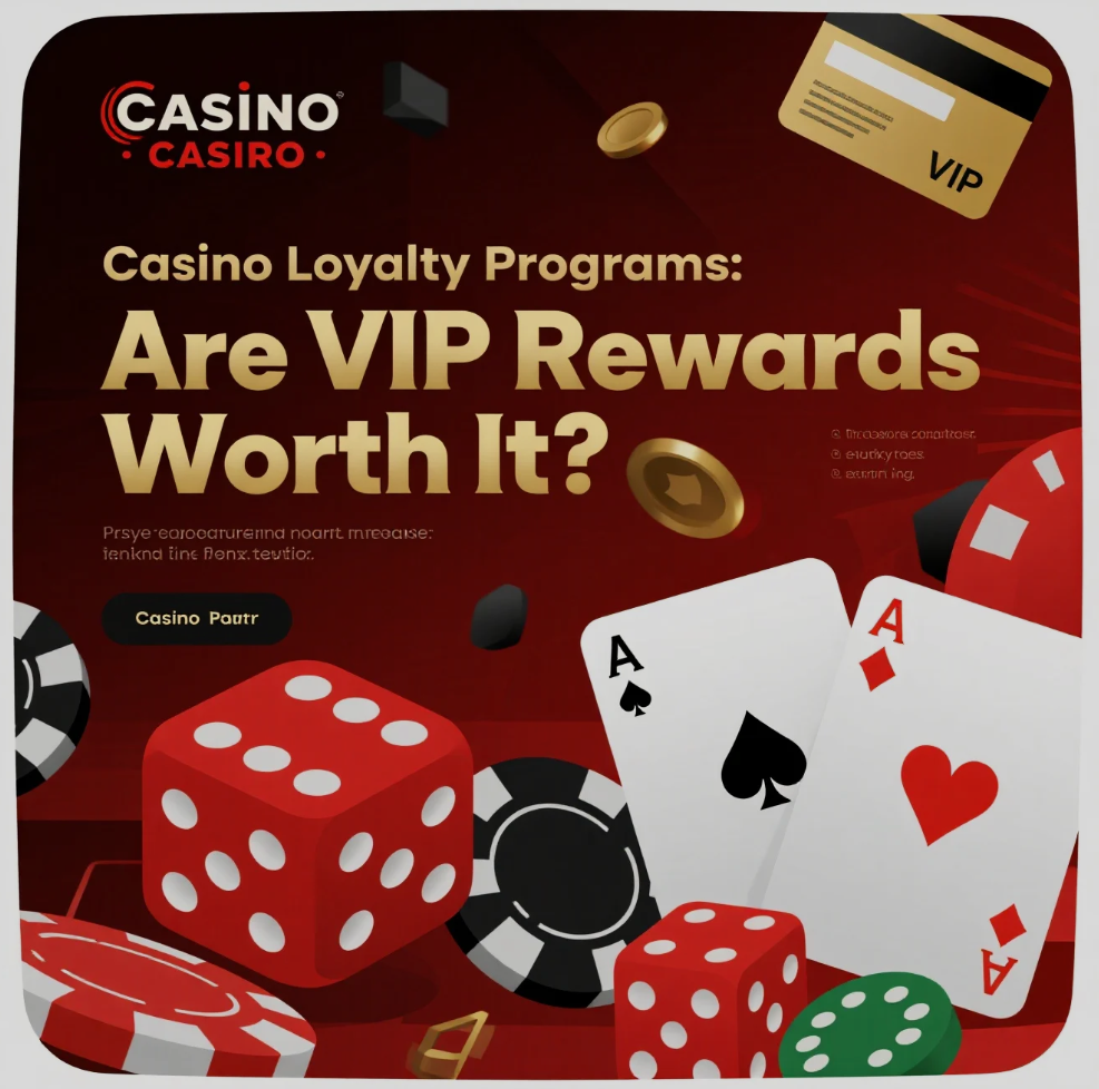 Digital graphic showing the title ‘Casino Loyalty Programs: Are VIP Rewards Worth It?’ beside a black and gold VIP card, a gold coin, and a red poker chip on a dark background