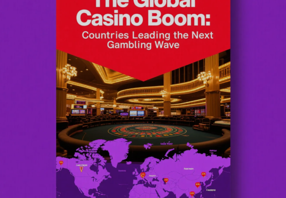 World map with casino icons, glowing city skylines, and digital gambling elements representing the global rise of casinos