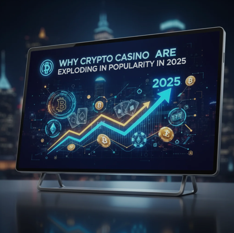 Digital casino interface with cryptocurrency coins and blockchain graphics representing online crypto gaming