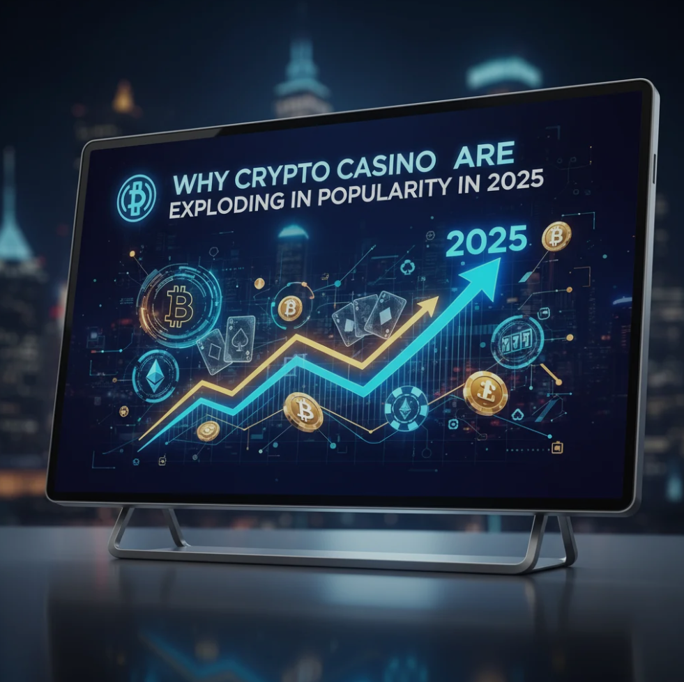Digital casino interface with cryptocurrency coins and blockchain graphics representing online crypto gaming