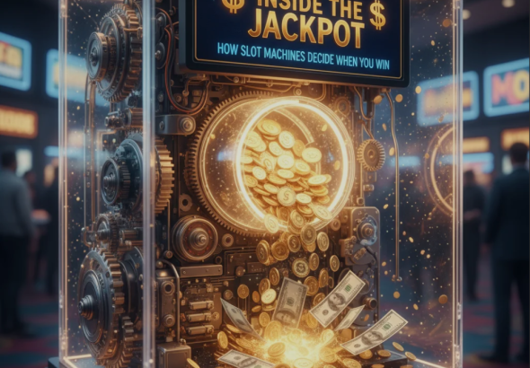 Close-up of a slot machine with reels spinning and bright jackpot lights