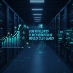 AI algorithm visualized analyzing slot machine data patterns with digital reels, charts, and behavioral metrics